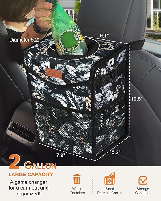 Car Trash Can with Lid, Cute Leakproof Car Trash Garbage Bag Hanging Vehicle Trash Bin Small Portable Automotive Garbage Cans Organizer for Back/Front Seat(Trapezoid,Black with Lily Print)