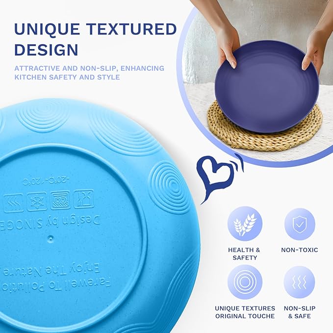 Homienly Unbreakable Plate Set, Wheat Straw Plates for Kitchen, Camping, Picnic, Dessert Plate with Textured Pattern, Alternative to Plastic Plates Dishwasher & Microwave Safe, Set of 4 - Island