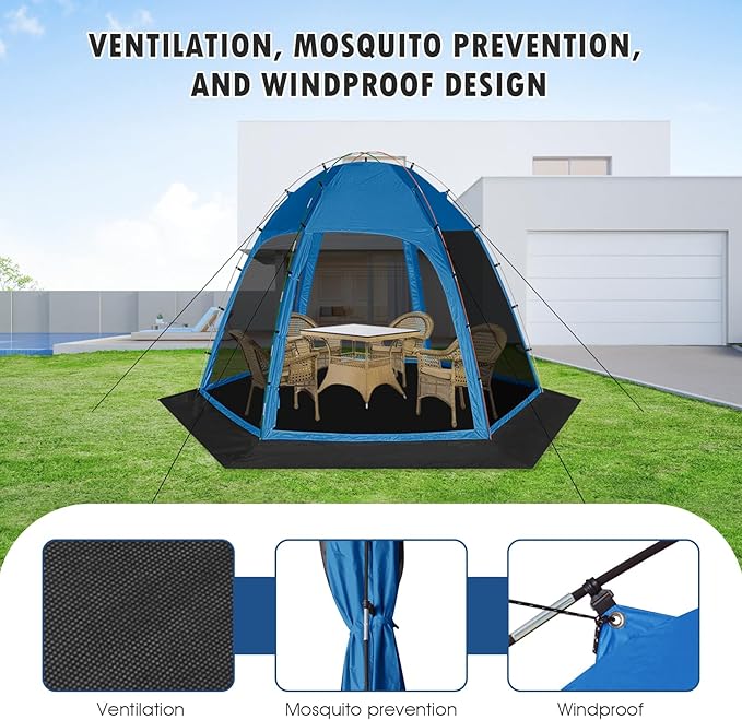 Screen Tent with Removable Floor, Siebwin 10'x10' Six-Sided Gazebos with Mosquito Netting Sunproof Outdoor Canopy Tent for 4-6 People Family Backyard Party Outside Activities, Blue