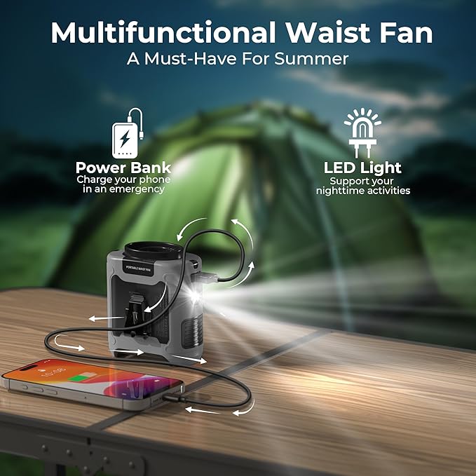 10000mAh Portable Waist Fan Clip On Belt, Max 40H Cooling, 5 Speeds 16000RPM, Rechargeable Hands-free Personal Wearable Neck Fan With Dual Clip & Flashlight for Outdoor Jobsite Camping Traveling