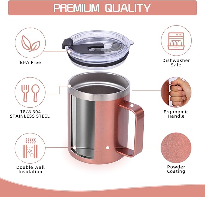 Volhoply 12oz Insulated Leakproof Coffee Mug with Flip & Straw Lid Bulk 8 Pack,Double Wall Vacuum Stainless Steel Travel Tumbler Cup with Handle,Reusable Camping Mugs Keep Cold/Hot(Rose Gold,8 Set)
