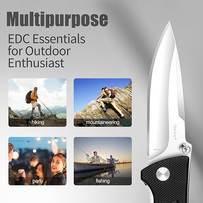 Harita Pocket Knife Folding EDC Knife with Belt Clip, 2.76 inch 8Cr13MoV Straight Edge Blade, G10 Handle, Foldable Knife for Camping Finshing Hunting Survival for Men Women Black