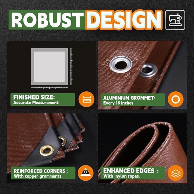 RAINDEWAY 8x10 Feet Super Heavy Duty Tarp 18 Mil,UV Resistant, Weatherproof, Multipurpose Waterproof Poly Tarp Cover with Grommets and Reinforced Edges,Brown Tarps