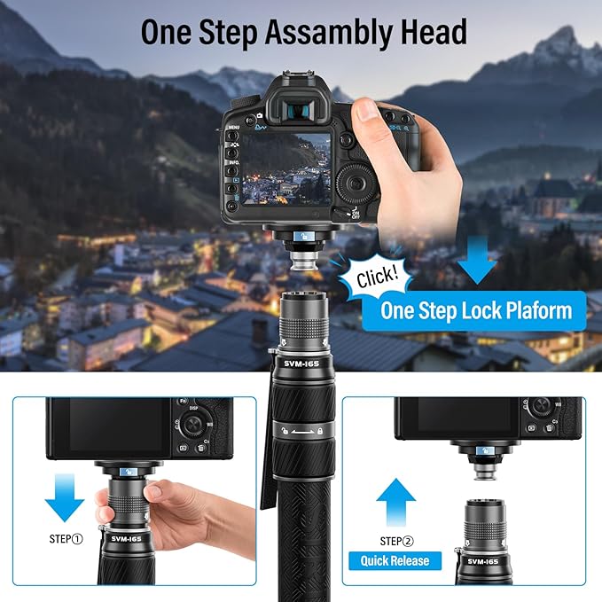 SIRUI SVM-165 Rapid Monopod for Cameras, 65” Carbon Fiber Monopod with Feet, One-Step Rapid Height Adjustment, Lightweight Travel Mono pod for DSLR Camera, Modular 3 in 1, Max Load 22lbs
