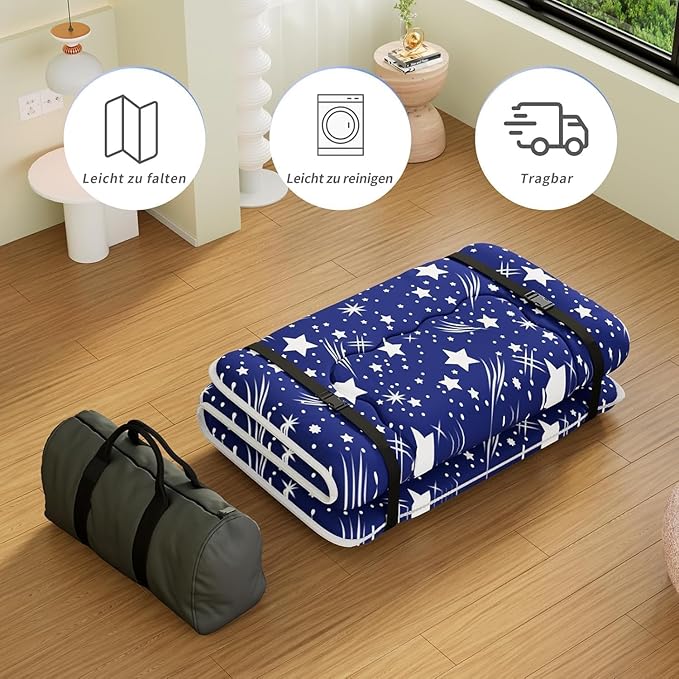 Japanese Futon Mattress, Foldable Tatami Mat Portable Dormitory Sleeping Pad with Bag & Strap, Floor Thicken Sleeping Roll up Camping Mattress (Blue WS1, 48"X80")