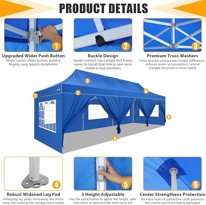 HOTEEL Tents for Parties 10x30 Pop Up Canopy Tent Heavy Duty with 8 Sidewalls, Commercial Party Tent Event Wedding Instant Canopy Waterproof with Carry Bag, UV 50+, Thicked Hexagonal Legs, Blue
