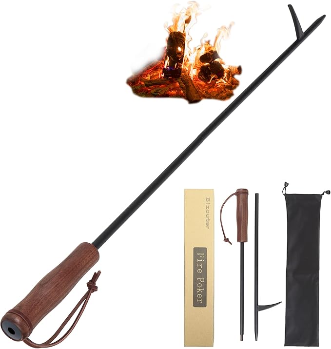 Fire Poker for Fire Pit,34in 2in1 Foldable Fire Poker & Blow Stick Fireplace Tools with Wooden Ergonomic Handle,Portable Fire Pit Poker for Campfire,Outdoor,Indoor,Wood Burning Stove & BBQ
