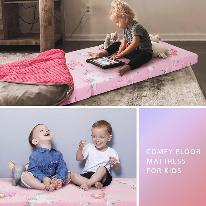 MeMoreCool Foldable Floor Mattress for Kids, Glow Fairy Toddlers Trifold Nap Mat, Kids Folding Mattress Portable Sleeping Futon for Daycare or Floor Bed, 57x22 Inch Pink
