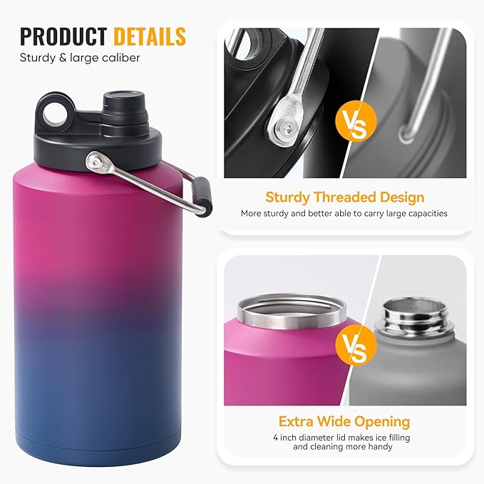 Kerilyn Insulated Jug with Handle, One Gallon, 128oz Stainless Steel, Large Double Vacuum Water Bottle for Hot & Cold Drinks, Wide Mouth, Sweat Proof, Great for Travel, Hiking & Camping, Red Gradient