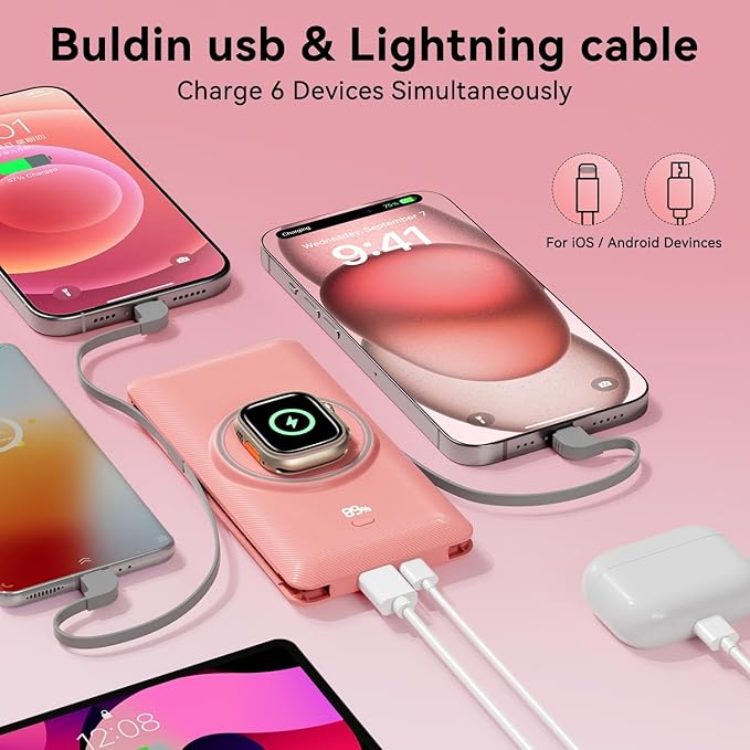 Magnetic 10000mAh Portable Charger for iWatch & iPhone, 22.5W USB C Fast Charging Wireless Power Bank Built-in Cables and Wall Plug, External Travel Battery Pack Compatible with iOS Android Devices