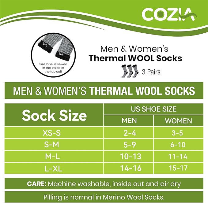 COZIA Merino Wool Socks for Men and Women Warm thermal Boot Hiking Socks 3 Pairs