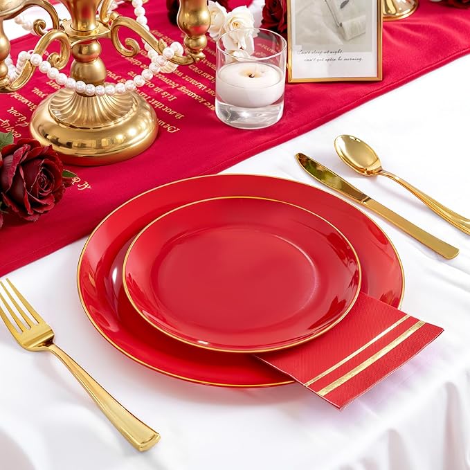 NOCCUR 350PCS Red Plastic Plates - Disposable Red Gold Dinnerware Set for 50 Guests, 100 Dinner/Dessert Plates, 150 Gold Silverware, 50 Cups&50 Napkins for Party/Wedding/Birthday/Christmas