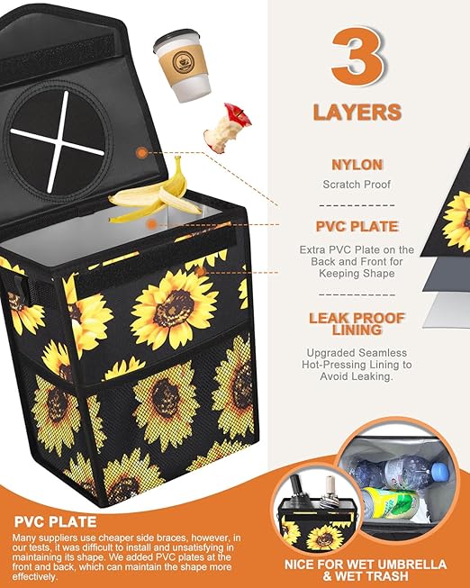 Car Trash Can with Lid, Cute Leakproof Car Trash Garbage Bag Hanging Vehicle Trash Bin Small Portable Automotive Garbage Cans Organizer for Back/Front Seat(Trapezoid,Black Sunflower