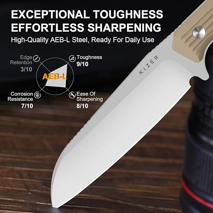 Kizer Begleiter Fix Fixed Blade Knife, 3.75" Sheepsfoot AEB-L Blade Hunting Knives with Kydex Sheath, Brown G10 Handle EDC Knife for Camping Hunting Survival 1045MS2