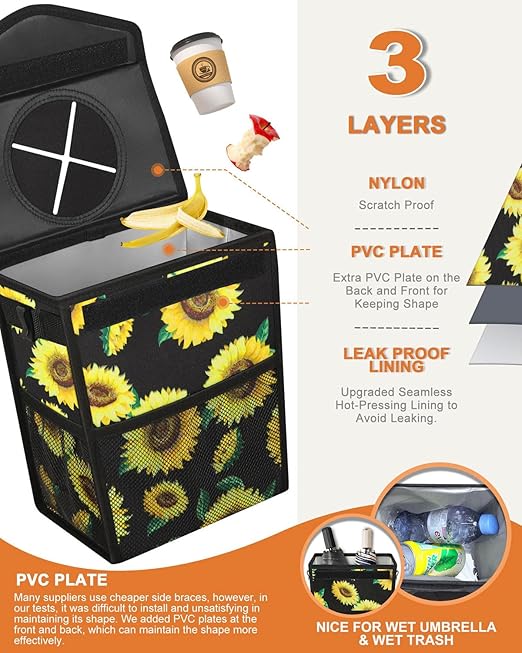 Car Trash Can with Lid, Cute Leakproof Car Trash Garbage Bag Hanging Vehicle Trash Bin Small Portable Automotive Garbage Cans Organizer for Back/Front Seat/Console(Trapezoid,Sunflower)