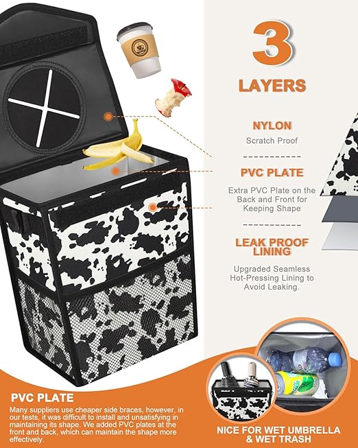 Car Trash Can with Lid, Cute Leakproof Car Trash Garbage Bag Hanging Vehicle Trash Bin Small Portable Automotive Garbage Cans Organizer for Back/Front Seat/Console(2.8 Gallons,Cow Print)