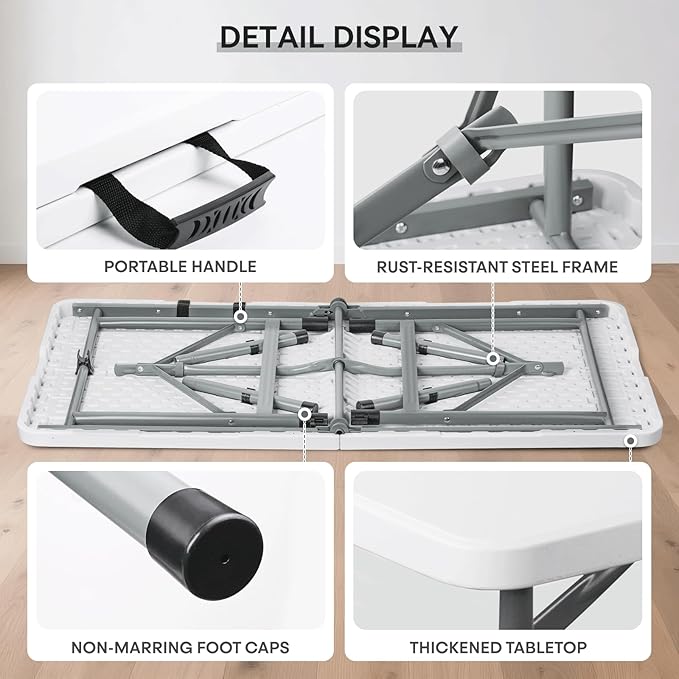 48' Folding Table, Collapsible Camping Table, Rectangular Picnic Table with Steel Frame, Stable Legs Design, Easy Carry and Storage, Plastic Outdoor Folding Tables for Indoor Outdoor, Gray