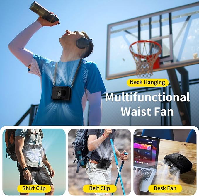 Socool 20000mAh Portable Waist Fan Clip on Wearable Belt Personal Fan Rechargeable, 40H Cooling Battery Operated with 10 Speeds & Dual Air Outlets, Neck Fans Hanging for Outdoor Jobsite Camping