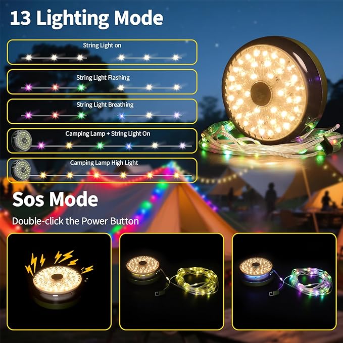 Camping String Lights, 4000mAh Rechargeable Tent Lights String with 13 Lighting Modes, 32.8ft Retractable Waterproof Camp Light, Outdoor Portable Camping Lights for Tent, Travel, Garden Decoration