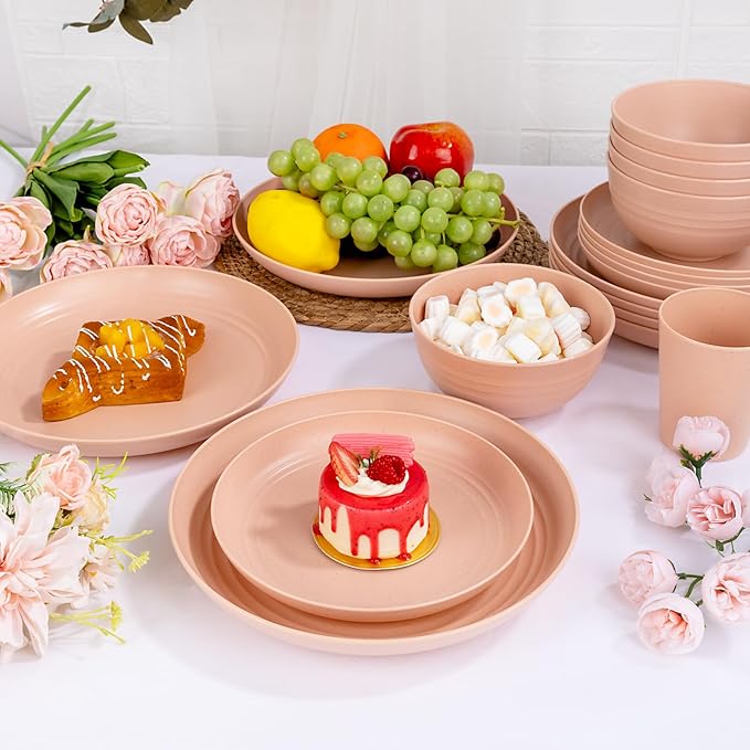 Rubtlamp 16Pcs Plastic Wheat Straw Dinnerware Set, Reusable Plastic Plate Set for 4, Kitchen Plates And Bowls Set (Orange Pink) for Daily, Camping