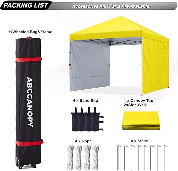 ABCCANOPY Pop up Canopy Tent with 2 Sidewalls for Outdoor Sun Blocking or Rain Protection,10x10, Yellow