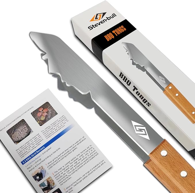 Heavy Duty BBQ Grill Tongs for Outdoor Grill,17 Inch Long Grill Tool, Metal Barbecue Utensil, Wooden Handle, Fun barbecue Tongs for Gas and Charcoal Grilling