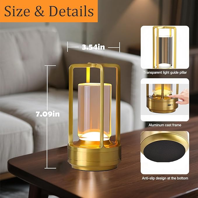 Crystal Lantern Lamp – 4000mAh Rechargeable Battery Operated Cordless Crystal Table Lamp with 3 Colors, Portable Desk Lamp for Indoor & Outdoor Patio, Camping, Restaurant (Gold)