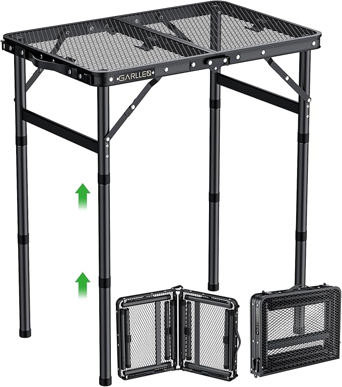 GARLLEN 2ft Folding Grill Table, 3 Adjustable Height Lightweight Camping Table with Heat-Resistant Mesh Desktop, Portable Aluminum Outdoor Tables for BBQ, Camping, Picnic, 22.8" L x 15.7" W, Black