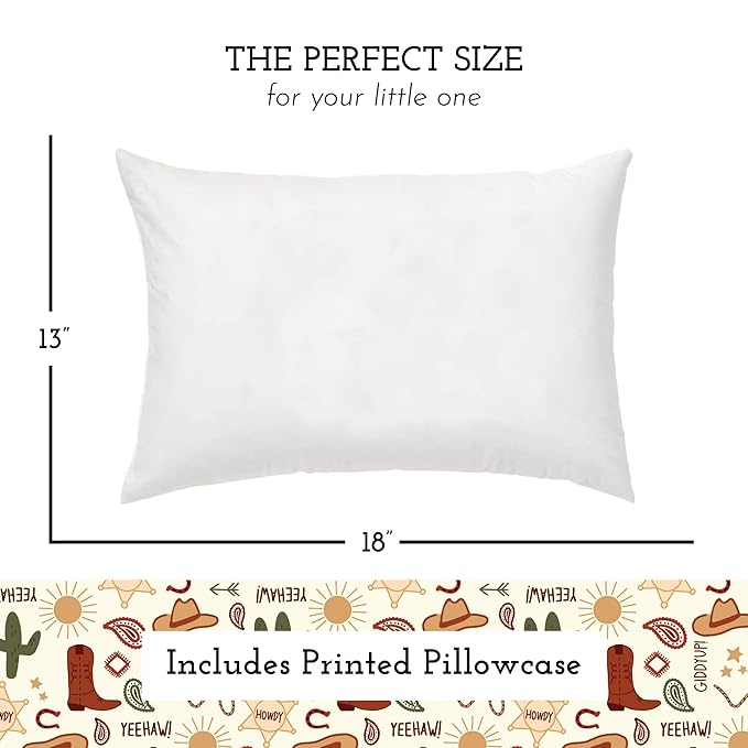 Little Sleepy Head Toddler Pillow with Pillowcase 13x18 - Kids Pillow for Sleeping - Better Neck Support Ergonomic Pillow and Toddler Pillowcase - Best Pillows for Kid (Giddyup)
