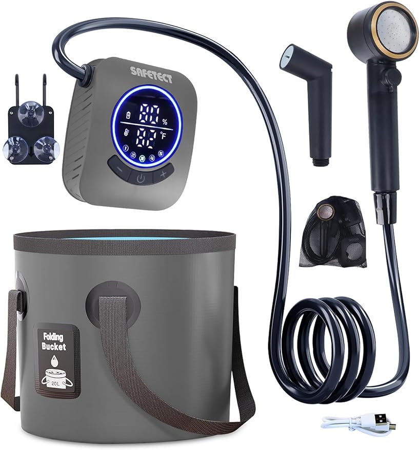 Portable Camp Shower Pump, IPX8 Waterproof, 8000mAh Rechargeable Shower Pump, 5 Speed Mode & 4 Water Mode Camping Shower with 20 L Foldable Bucket, Shower for Hiking,Travel, Pet Bath, Car Wash