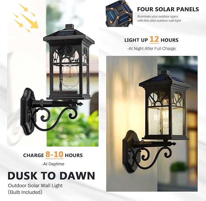 zeyu 15.8 Inch Solar Exterior Lighting Fixture, Exterior Wall Light Fixture with Remote, Die-Cast Aluminum with Seeded Glass Shade, Black Finish, ZYX112B SL BK