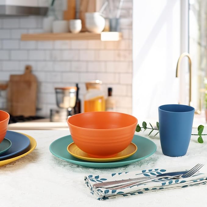40 Pieces Plates and Bowls Sets, Wheat Straw Dinnerware Sets for 8, Dinner Plates, Cereal Bowls and Drinking Cups, Unbreakable and Reusable Plastic Dinnerware Sets (Multicolor)
