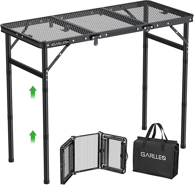 GARLLEN Folding Grill Table, 3 Adjustable Height Portable Picnic Table with Heat-Resistant Mesh Desktop, Lightweight Aluminum Camping Table for Outdoor, BBQ, Camping, 34.2" L x 15.7" W, Black