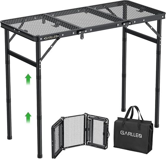 GARLLEN Folding Grill Table, 3 Adjustable Height Portable Picnic Table with Heat-Resistant Mesh Desktop, Lightweight Aluminum Camping Table for Outdoor, BBQ, Camping, 34.2" L x 15.7" W, Black