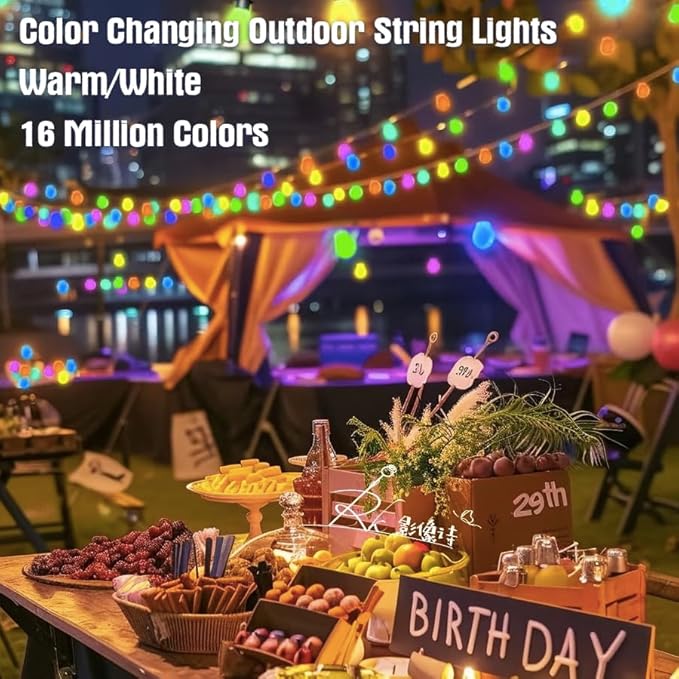 Honche Smart Outdoor String Lights, 36FT Outdoor Lights with 15 Dimmable RGB LED Bulbs, Color Changing 213 Scene Modes for Patio, Backyard, Garden,Balcony, Camping,Waterproof,Remote/APP Control,USB