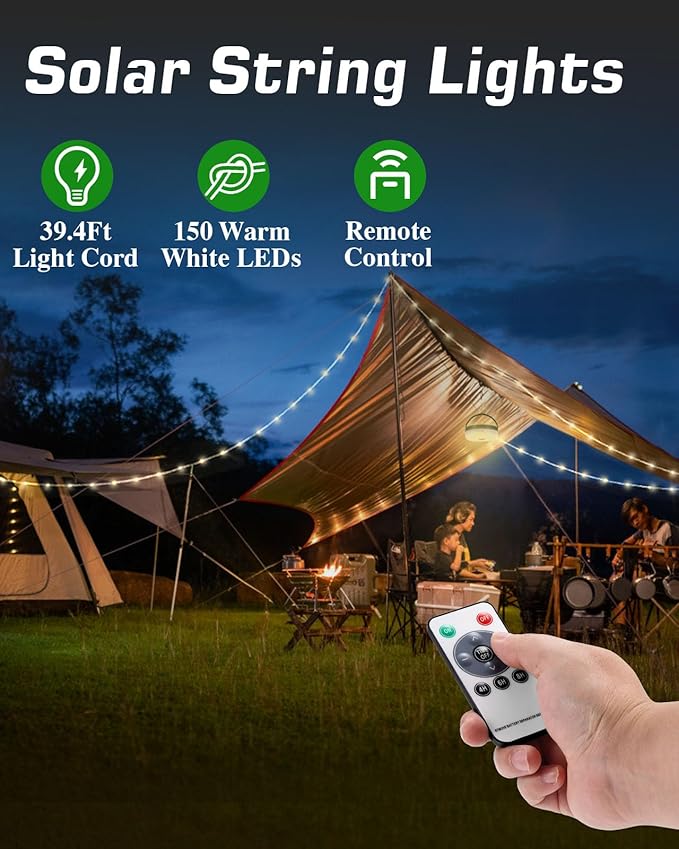 Anpro 4 in 1 Solar Camping String Lights, 39.4Ft Ultra Long String with 150LEDs, 3600mAh Solar Powered and USB Rechargeable Light with Remote Control, Portable Camping Light for Hiking, Decorations