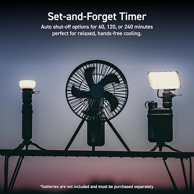 NESTOUT Outdoor Camping Fan with Tripod, 4 Speed Settings & Breeze Mode, 3 Angle Oscillation, 90° Adjustable Tilt, Auto Timer (30/60/90 mins), USB C Compatible, Portable Tent Fan (Black)