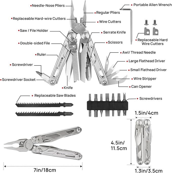 BIBURY Multitool Pliers Pro BI2045, Stainless Steel Multi Tool Pliers with Replaceable Wire Cutters and Saw, Foldable Multitools with Scissors and Screwdriver, Ideal for Camping,Survival, Repair