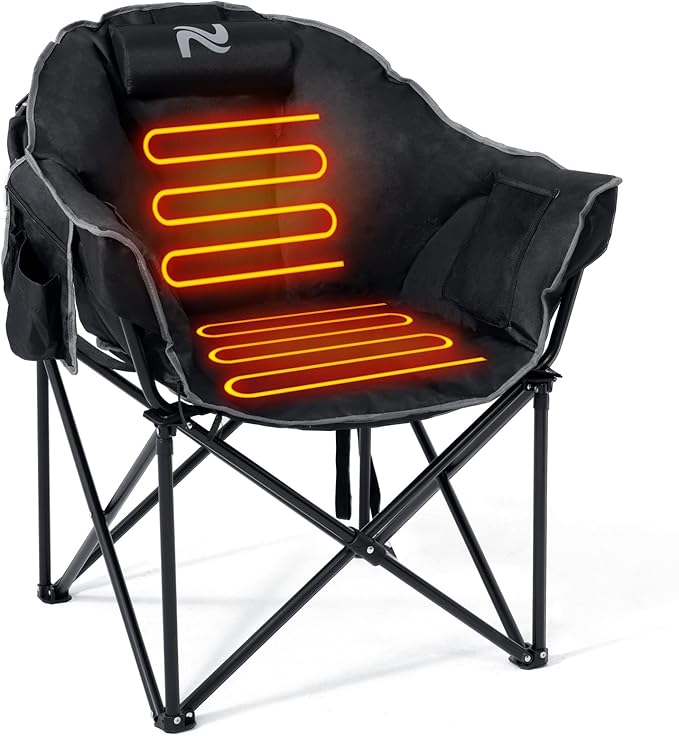 NAIZEA Heated Camping Chair, Oversized Heated Folding Outdoor Chair for Adults with 3 Heat Levels, Portable Foldable Patio Lounge Chair for Sports Outdoors Camp, Battery NOT Included
