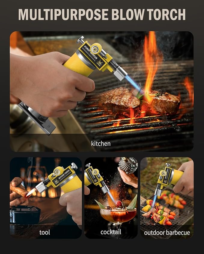 RAVS 2 Flame Mode Butane Torch Lighter, Refillable Kitchen Torch with Adjustable Flame and Safety Buckle, Yellow Jewelry Torch for Welding, Resin Art, Industrial, Butane Fuel not Include
