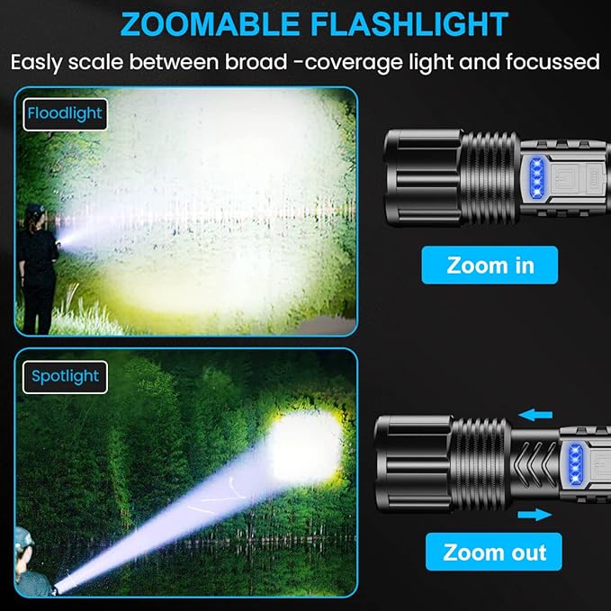 Rechargeable LED FLashlights 8000 High Lumens, Super Bright LED Tactical Flashlight with Power Display, Zoomable, with COB Light, Waterproof,Powerful Handheld Flashlight for Camping,Hiking 2 Pack
