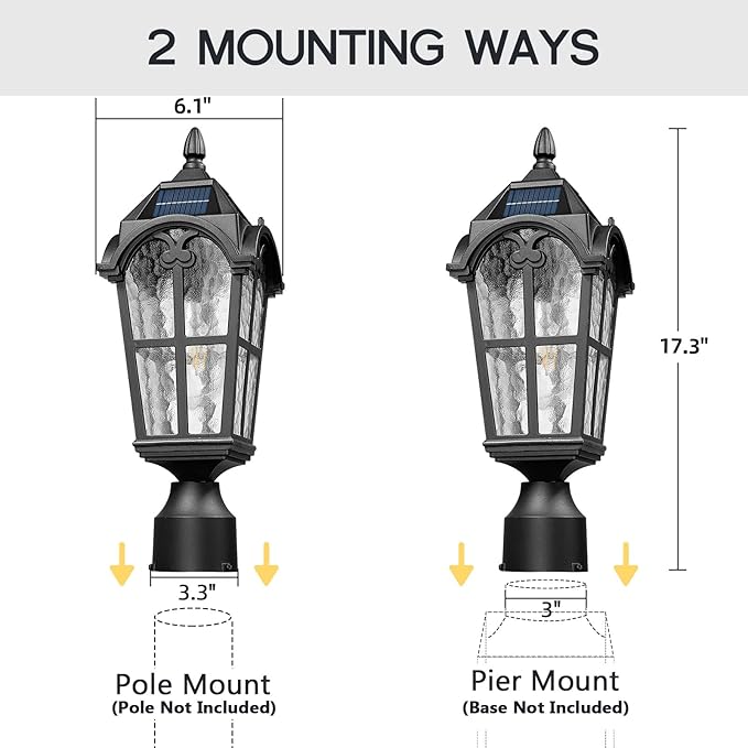 Emliviar 2 Pack Waterproof Solar Post Lamps in Black Finish for Pathway, 17.3'' Dusk to Dawn Garden Patio Post Lights Includ LED Bulbs with Water Grain Glass Shade, YXE302P-2PK SL BK