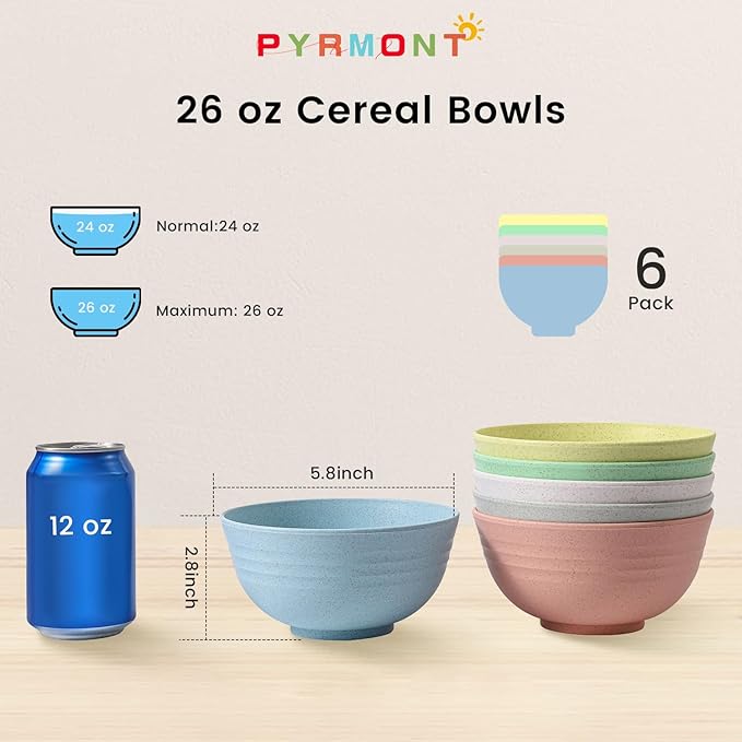 PYRMONT Wheat Straw Bowls 26 OZ,Unbreakable Cereal Bowls Set of 6,Dishwasher and Microwave Safe,Reusable Plastic Bowl for Kitchen Serving Soup,Salad,Oatmeal,Ramen,Noodles,Camping