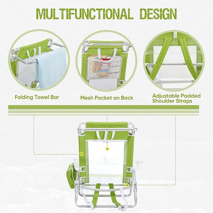 Reclining Beach Chair Backpack 5-Position Lay Flat Lounge Chair for Adults Heavy Duty Portable Folding Lightweight with Cooler Bag Camping Chair for Sand Outdoor