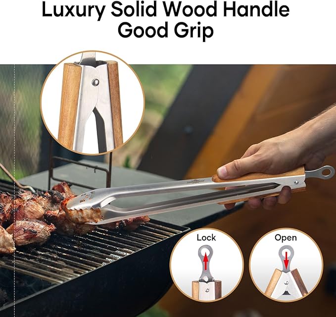 21-Inch Extra Long Stainless Steel BBQ Tongs with Extended Luxurious Acacia Handle – Durable and Easy-to-Clean Grilling Tool for Cooking, Kitchen Use, and Outdoor Barbecues