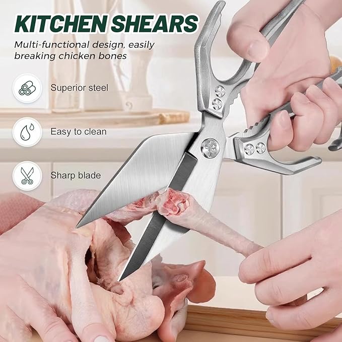 Multifunctional Heavy-Duty Kitchen Shears, Heavy Duty Kitchen Scissors for Food with Ergonomic Handle, High-Carbon Steel Culinary Shears for Chicken, Meat, Seafood, Bone Cutting (Silver)