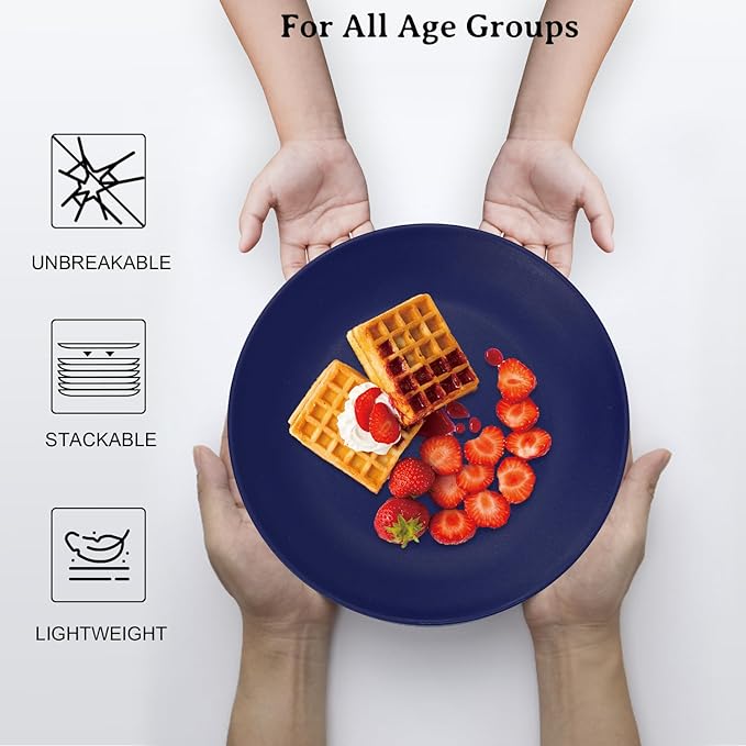 Wheat Straw Dinner Plates 9 Inch Unbreakable Set of 8 - Dishwasher & Microwave Safe Plastic Plates Reusable - Lightweight Plates for Kitchen,Camping,Apartment,Dorm,RV,Party - Ocean Series