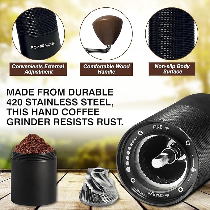 Manual Coffee Grinder with Brush - Stainless Steel Handheld Burr Mill, Adjustable Grind Settings for Espresso, Pour Over, French Press & Cold Brew, Portable Hand Coffee Grinder