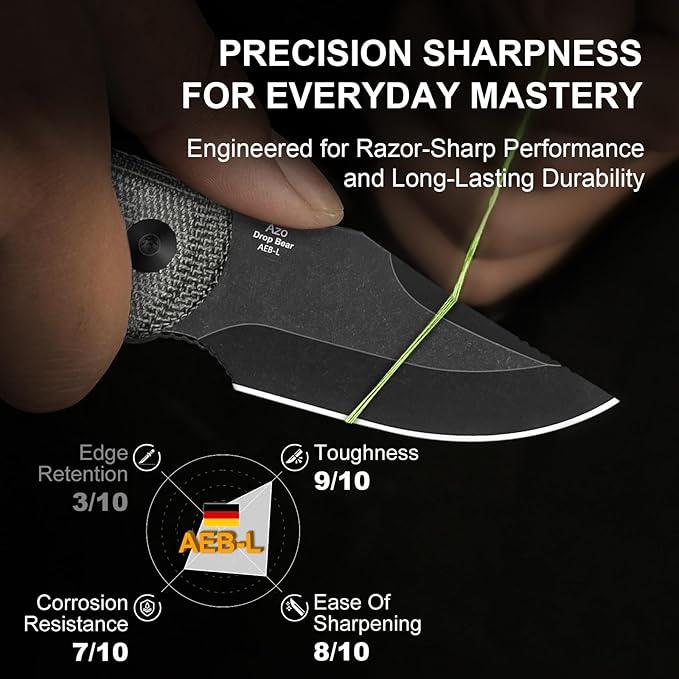 Kizer Drop Bear Fixed Blade Knife, 2.6" AEB-L Black Stonewash Blade EDC Camping Knife with Black Micarta Handle & Hidden Tools, Full Tang Hunting Survival Knives with Adjustable Kydex Sheath, 1092A1
