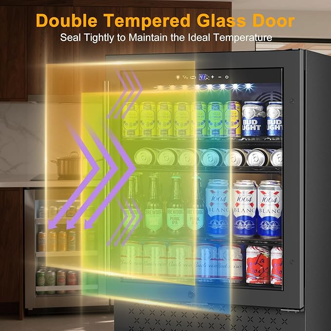 Beverage Refrigerator 24 Inch 200 Can Drink Fridge with Glass Door, Under Counter/Freestanding Beverage Cooler with Temperature Control, Reversible Door, Quick Cooling for Beer Soda Wine, Black